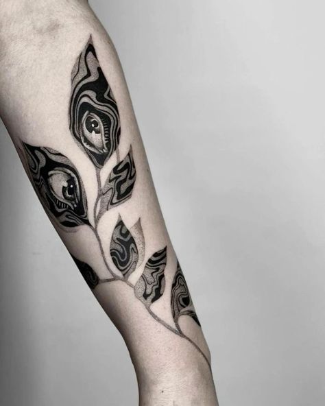 Dark Tattoo Ideas, Eyeball Tattoo, Wrist Tattoo Cover Up, Leaf Tattoo, Vine Tattoos, Plant Tattoo, Botanical Tattoo, Dark Tattoo, Black Ink Tattoos