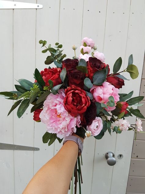 Wedding Bouquet With Eucalyptus, Natural Wedding Bouquet, Bouquet With Eucalyptus, Prom Flowers Bouquet, Red Flower Bouquet, Pink Bridal Bouquet, Homecoming Flowers, Prom Bouquet, Peonies And Roses