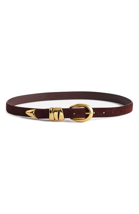 A staple suede belt gets a contemporary update with a shiny oval buckle and trio of molten keepers. Leather Imported Womens Belts Fashion, Summer Wardrobe Essentials, Women Belt, Wedding Guest Shoes, Suede Belt, Sneaker Slippers, Fashion Wishlist, Brown Belt, Baby Boy Shoes