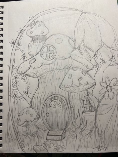 Mushroom Water Well Drawing, Fairy Garden Sketch, Fairy Land Drawing, Mushroom And Fairy, Well Drawing, Easy Doodles, Doodles Drawings, Mushroom House, Canvas Painting Designs