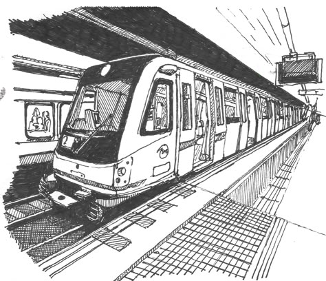 Anime Architecture Illustrations, Train In One Point Perspective, Perspective Art Architecture, 1 2 3 Point Perspective Drawing, Subway Perspective Drawing, Barcelona Drawing Sketch, Metro Station Drawing, Metro Train Drawing, 0.5 Drawing Perspective