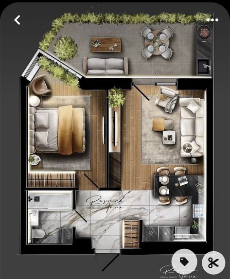 1b1b Apartment Design, Studio Floor Plans, Living Room Floor Plans, Rendered Floor Plan, Interior Design Renderings, House Floor Design, Small Apartment Design, Apartment Floor Plans, House Layout Plans