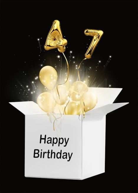 47th Birthday Gold Balloons and Stars Exploding Out of a White Box card 94th Birthday, 74th Birthday, 47th Birthday, 64th Birthday, 54th Birthday, 41st Birthday, 34th Birthday, Birthday Gold, 24th Birthday