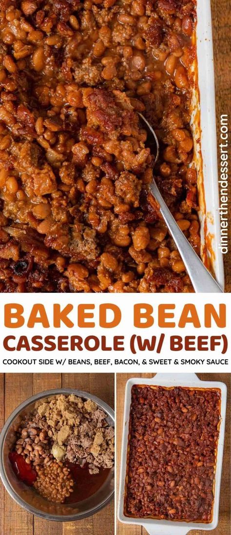 Baked Beans Casserole is a tasty cookout side dish. Easy beef and bacon baked beans in a sweet and smoky sauce. Great recipe to make with leftover burgers for a BBQ lunch or dinner! Baked Beans Casserole, Leftover Burgers, Casserole With Beef, Summer Cookout Side Dishes, Bacon Baked Beans, Baked Bean Casserole, Side Dish Easy, Bbq Lunch, Slow Cooker Baked Beans