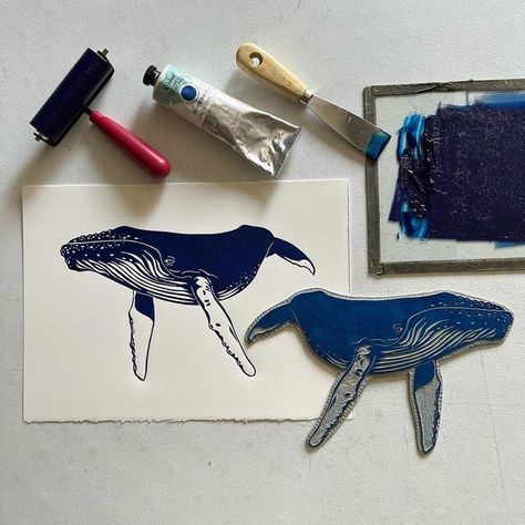 Mary Ann Testagrossa ✨ Lino Print ✨ Block Printing on Instagram: "Are you whale lover like I am? Living on the coast of California, I’ve been able to see them, from afar, as they migrate up and down the west coast. I’ve also seen them while visiting Hawaii. Such amazing creatures. I always feel blessed when I get to encounter one. I think I feel that about all wildlife. This series of humpback whale linocut prints was completed about a year ago. There are three whales in this series, printed in black and a deep blue. They are available on my website. 🐋 Perfect gift for a whale lover. 💙 . . . . . . . . . #whalelove #whalelover #whalelover #whaleart #humpback #humpbackwhale #whales #savethewhales #whalesofig #whalesofinstagram #linocut #linocutprint #linocutprintmaking #reliefprint #relie Whale Linocut Print, Whale Lino Print, Whale Linocut, Humpback Whale Art, Visiting Hawaii, Octopus Card, Whale Pictures, Wood Printing Blocks, Whale Drawing