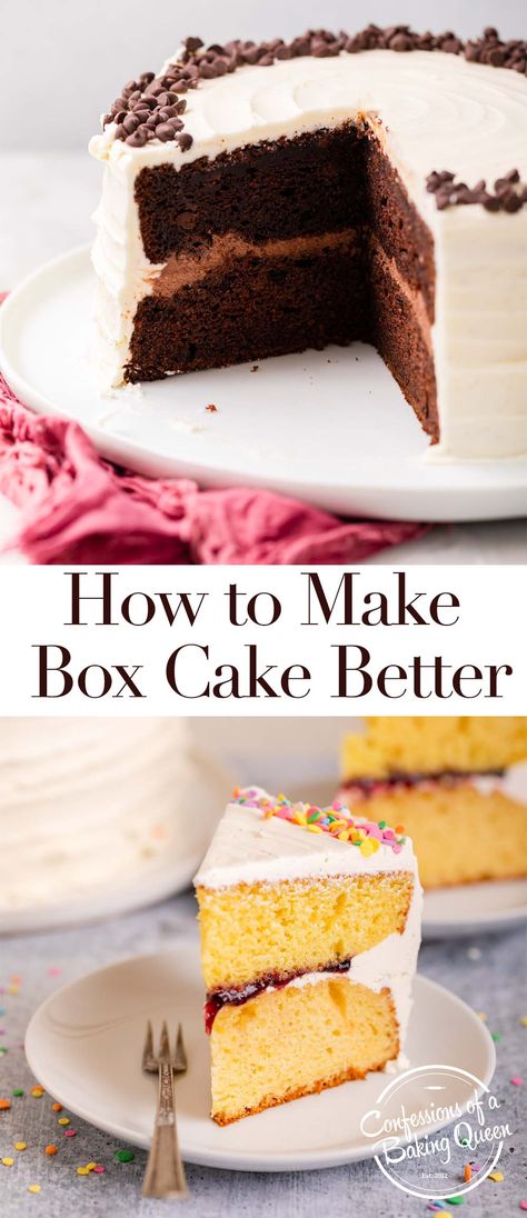 There are numerous tips and tricks to make box cake taste better. Ingredient swaps and additions will ensure you make your box cake taste the best it possibly can be! Sprucing Up Box Cake, How To Dr A Box Cake, Upgrading Box Cake, Elevate Boxed Cake, Box Cake Substitutions, Box Cake To Bakery Cake, Dressed Up Box Cake, Enhanced Box Cake Recipes, Elevated Box Cake Recipe