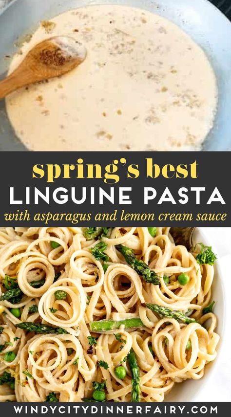 Lemon Basil Cream Sauce, Spring Pasta Recipes, Lemon Cream Sauce, Easy Pasta Recipe, Lemon Cream Sauces, Linguine Recipes, Spring Pasta, Roasted Shrimp, Asparagus Pasta