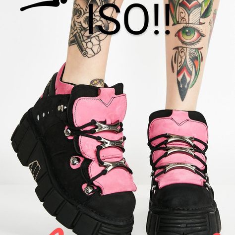 Pink And Black Boots, Pink Goth, Goth Shoes, Goth Boots, Early 2000s Fashion, Kawaii Goth, Frilly Dresses, Pink Accessories, New Rock