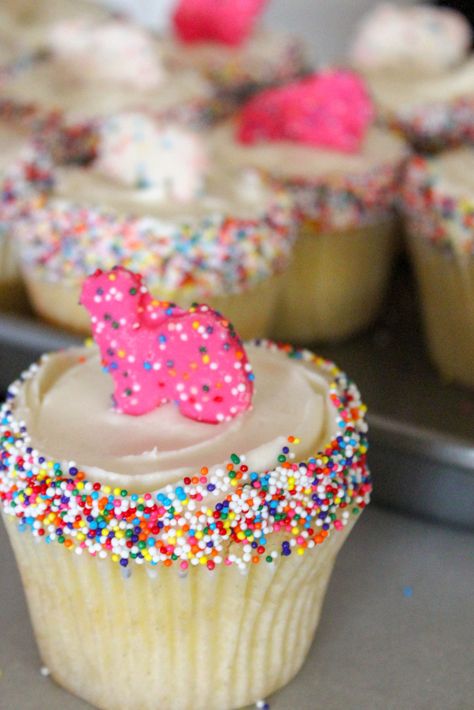 Frosted Animal Cookie Cupcakes, Petit Cakes, Animated Cake, Nerdy Food, Circus Cupcakes, Carnival Cupcakes, Whimsical Circus, Whipped Cream Filling, Mascarpone Whipped Cream