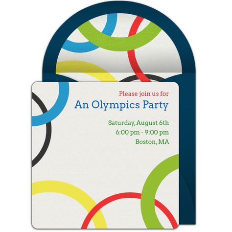 Customizable, free Olympic Rings online invitations. Easy to personalize and send for a party. #punchbowl Swim Olympics, Engagement Committee, Summer Olympics Party, Office Olympics, School Wide Themes, Olympic Theme Party, Olympics Party, Customer Service Week, Olympic Theme