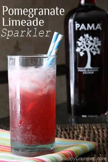 Pomegranate Limeade Sparkler, an easy summer cocktail recipe with PAMA and lime. Perfect light cocktail for a hot night! Recipe @SnappyGourmet.com #SnappyGourmet #Cocktail #Pomegranate #Summer #Drink #Sparkler #Limeade Foccacia Buns, Pama Cocktails, Afternoon Cocktails, Boom Sauce, Friday Cocktails, Easy Summer Cocktail Recipes, Pomegranate Liqueur, Light Cocktails, Easy Summer Cocktails