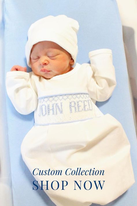 Shop the sweetest newborn outfits and customize them with your child's name! #customsmocked #bringinghomebaby #newborngown Baby Monogram Ideas, Welcome Home Outfit, Boys Smocked Outfits, Baby Snuggles, Baby Boy Monogram, Blue Gingham Dress, Southern Baby, Boys Crib, Newborn Boy Clothes