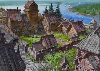 Russian Insider: Prince Vladimir. Concept Art 9 Medieval Russia, Anime Landscape, River Town, Fantasy Village, Fantasy Town, Medieval Village, Wooden Buildings, Fantasy House, Fantasy City