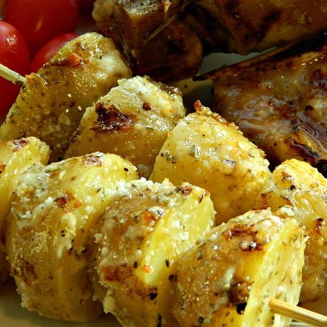 Skewered Grilled Potatoes | Allrecipes Grilled Potato Packets, Potato Skewers, Potato Kabobs, Potato Side Dishes Easy, Garlic Marinade, Grilled Potatoes, Potato Side Dishes, How To Cook Potatoes, Bbq Tools