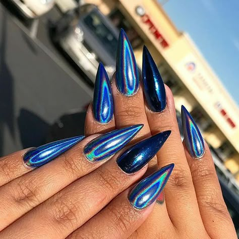 Blue Holo Nails, Chrome Stiletto Nails, Holo Nails, Stiletto Nail Art, Stiletto Nails Designs, Holographic Nails, Dope Nails, Chrome Nails, Nail Decorations