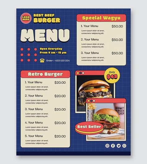 Retro Menu Template PSD Retro Menu Design, Menu Design Layout, Menu Sans Gluten, Wagyu Burger, Cafe Menu Design, Food Menu Template, Menu Design Template, Cafe Menu, Retro Recipes