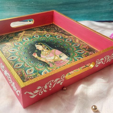 Painting On Wooden Tray, Hand Painted Trays, Diwali Craft Ideas, Mdf Tray, Tray Decoupage, Diy Trays, Tray Painting, Diwali Decoration Ideas, Indian Room