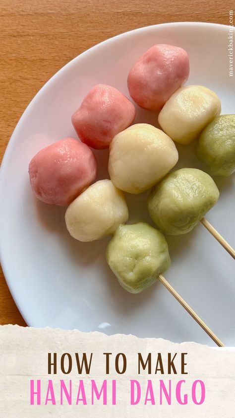 Hanami dango; sweetened chewy dumplings made with rice flour and silken tofu, skewered for seasonal snacking. Dango Recipe, Hanami Dango, Scottish Kitchen, Japanese Dumplings, Chinese Candy, Silken Tofu, Matcha Powder, Dough Balls, Moon Cake