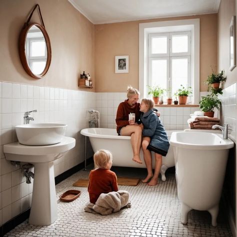 Happy amily in a swedish bathroom om a cosy, warm floor Swedish Bathroom, Flooring