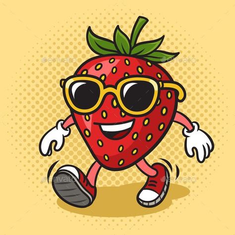 Cartoon Strawberry Sunglasses Pop Art Vector Pop Art Poster Design, Strawberry Sunglasses, Pop Art Vector, Cartoon Strawberry, Retro Vector Illustration, Comic Text, Pop Art Girl, Pop Art Posters, Comic Book Style