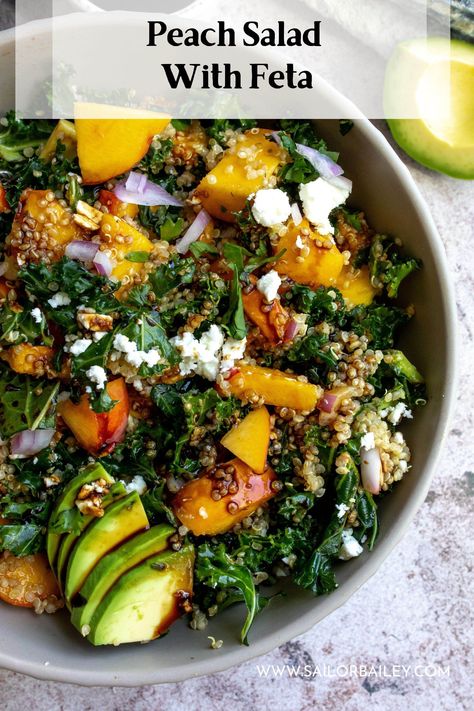 Kale And Peach Salad, Kale Peach Salad, Peach Kale Salad, Late Summer Salad, Late Summer Recipes, Peach Feta Salad, Late Summer Dinner, Peach Salad Recipes, Kale Feta