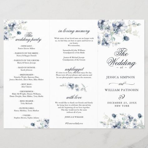 Blue And Champagne Wedding, Dusty Blue Winter Wedding, Winter Wedding Ceremony, Blue Winter Wedding, Wedding Maids, Blue Foliage, Wedding Ceremony Programs, Foliage Wedding, Ceremony Programs