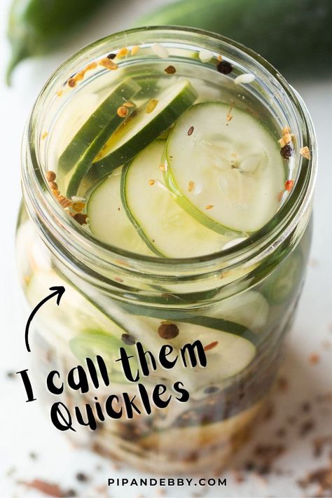 Glass jar filled with sweet refrigerator pickles. Sweet Refrigerator Pickles, Sweet Pickles Recipe, Pip And Ebby, Cucumber Feta Salad, Cream Cheese Sandwiches, Vinegar Cucumbers, Pickles Recipe, Refrigerator Pickles, Pickling Spice