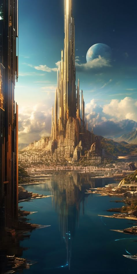 Sci Fi Magic, Modern Fantasy City, Kushan Empire, Futuristic City Utopia, Utopian City, Futuristic World, Water City, Sci Fi Landscape, Rim Light