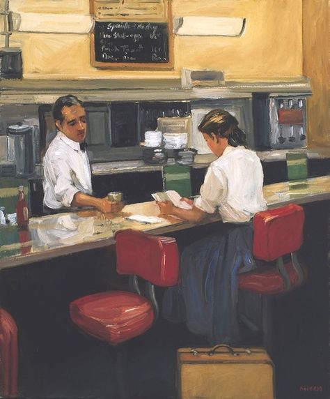 Night Cafe (2012). Sally Storch (American, 1952-). Oil on canvas.  Storch cites Edward Hopper and Thomas Hart Benton as great inspirations. She combines their style with that of the early Ash Can and Regionalist schools of New York to create passionate contemporary paintings that incite feelings of timelessness and romance. Edward Hopper Paintings, Hopper Art, Thomas Hart Benton, Edward Hopper, Arte Inspo, Woman Reading, Art And Illustration, Drawing Lessons, Henri Matisse