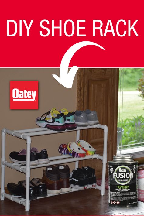 Easily store all your shoes with this DIY shoe rack! Grab some PVC pipe, Oatey Fusion cement and you can create this simple shoe rack! Shoe Rack Pvc, Shoe Storage Hack, Pvc Shoe Racks, Shoe Rack Diy, Shoe Storage Hacks, Diy Shoe Storage, Pipe Rack, Diy Shoe Rack, Pvc Projects