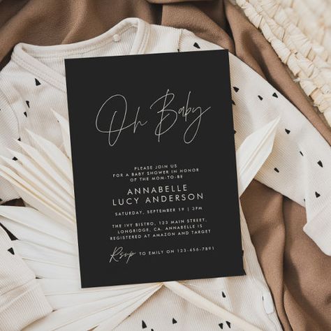 Baby shower script modern black white elegant for $2.92 - Baby Shower Invitations Dark Baby Shower Ideas, All Black Baby Shower Theme, Moody Baby Shower Ideas, Black And White Baby Shower Ideas, Black Baby Shower Ideas, Shower 2023, Announcement Pictures, Baby Shower Announcement, Baby Announcement Pictures