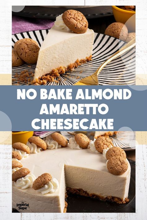 Chef Eddy makes this No Bake Almond Amaretto Cheesecake the way it should be made – using real Amaretto liqueur. Quick, easy, and with incredible flavor, this tasty cheesecake will be the hit of any party. For more cheesecake recipes and ideas visit ImperialSugar.com and pin your favorites! Made this recipe? Show us!#imperialsugar #cheesecakerecipes #easyfalldesserts #nobakedesserts Amaretto Cheesecake, Jiggly Cheesecake, Cheesecake Smoothie, Gingersnap Crust, Homemade Cheesecake, Classic Cheesecake, Fall Desserts Easy, Caramel Pecan, Vanilla Wafers