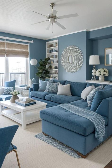 Living Room Blue Sofa Colour Schemes, Living Room Colour Schemes Grey, Color Couch Living Room, Blue Interior Design Living Room, Light Blue Sofa Living Room, Living Room With White Couch, Blue Living Room Color Scheme, Light Blue Living Room, Blue Walls Living Room