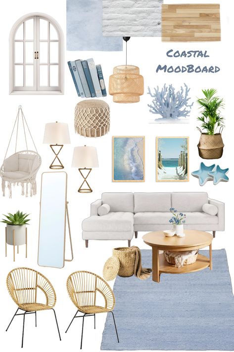 A soothing blend of soft neutrals, ocean-inspired blues, and natural textures like rattan, linen, and driftwood. To recreate this look, focus on light, airy furniture with clean lines, layering throw pillows and blankets in soft coastal hues. Add accents like seashells, woven baskets, and coastal art. Keep the space bright with natural lighting and finish with greenery for a touch of life and freshness. Coastal Loft Ideas, Coastal Chic Apartment, Coastal Apartment Decorating Ideas, Small Apartment Makeover, Beachy Apartment, Living Decor Ideas, Neutral Coastal Decor, Coastal Design Ideas, Boho Coastal Decor