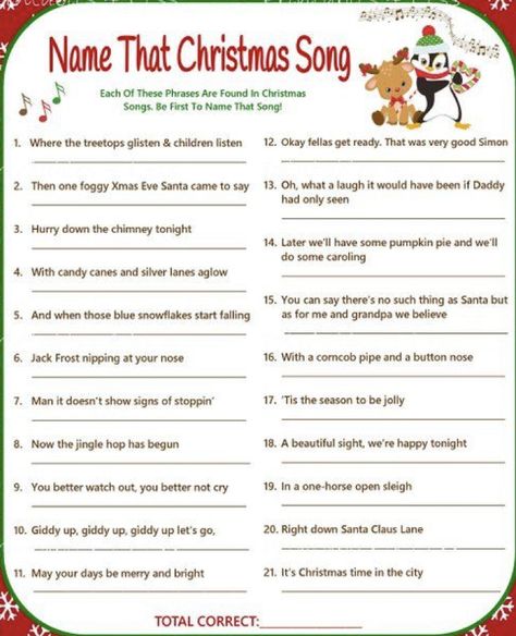 Christmas Work Activities Adults, Name That Christmas Song Game, Ladies Christmas Party Games, Christmas Games Diy, Christmas Party Ideas Games, Christmas Song Games, Christmas Carol Game, Christmas Eve Games, Christmas Trivia Games