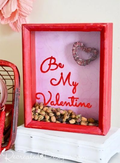 Turn an old thrift store shadow box into the perfect Valentine's Day decor with these step-by-step directions from Recreated Designs. Shadow Box Ideas, Shadow Box Gifts, Valentines Patterns, Valentine Decor, Candy Hearts, Valentines Art, Valentine Box, Annie Sloan Chalk Paint, Valentine Day Crafts