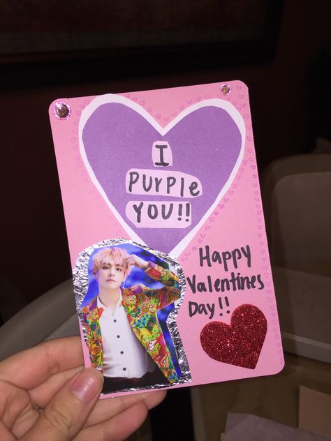 BTS Valentine’s Day card  #bts #valentinesday #diy #v #taehyung #loveyourself #purplelove Bts Valentines Cards, Bts Gift Ideas For Friends, Kpop Valentine Cards, Bts Valentines Day, Happy Valentines Day Cards, Unique Valentine Box Ideas, Army's Birthday, Kpop Diy, Bts Birthdays