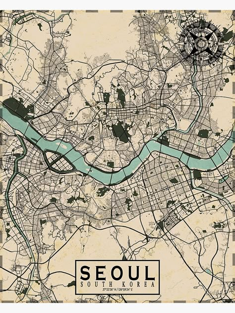 "Seoul City Map of South Korea - Vintage" Poster by deMAP | Redbubble Vintage Map Drawing, Seoul Map Illustration, Map Of South Korea, Map Of Seoul, Subway Map Design, Seoul Poster, Map Art Illustration, Maps Illustration Design, City Map Drawing