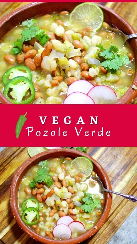 Vegan Posole Recipe, Vegetarian Pozole Recipe, Vegan Posole, Posole Verde Recipe, Vegan Pozole, Hominy Recipes, Hominy Soup, Soup With Beans, Green Pozole