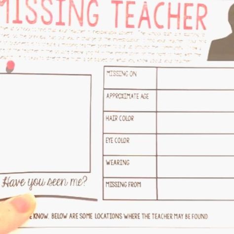 Missing Teacher Activity, Case File, Teacher Activities, Teacher Lessons, Ela Teacher, Substitute Teacher, Missing Persons, Have You Seen, At School