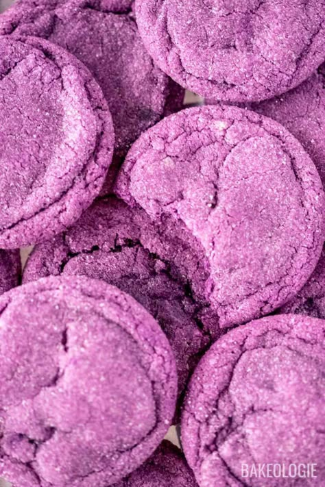 Soft & Chewy Ube Cookies | bakeologie Vegan Ube Cookies, Ube Sugar Cookie Recipe, Easy Ube Dessert, Fresh Ube Recipes, Ube Desserts Recipes Easy, Ube Sugar Cookies, Ube Jam Desserts, Ube Cookies Recipes, Ube Butter Mochi Recipe