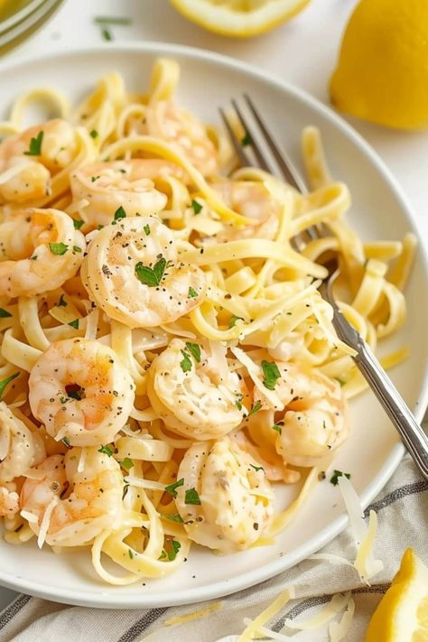 Creamy Lemon Shrimp Pasta - Insanely Good Creamy Lemon Shrimp Pasta, Creamy Lemon Shrimp, Pasta With Cream Cheese, Pasta And Shrimp, Lemon Shrimp Pasta, Lemon Garlic Shrimp Pasta, Cream Cheese Pasta, Lemon Shrimp, Grilled Seafood