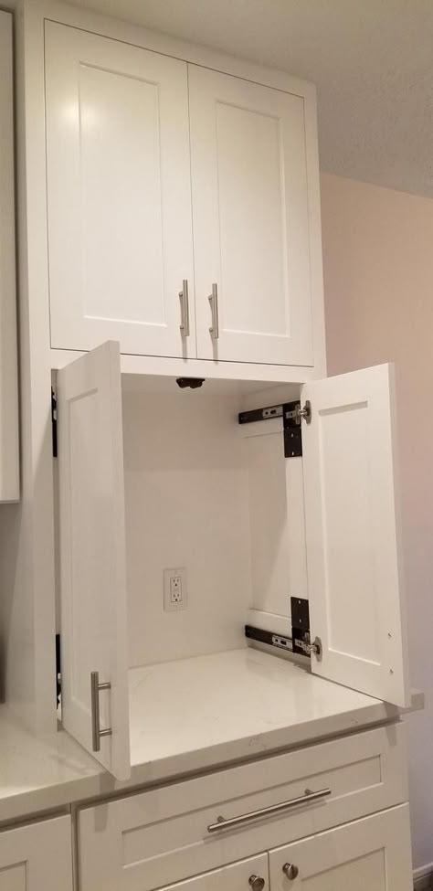 Kitchen Cabinet Hacks Built Ins, Ez Pocket Door Slide, Pocket Door In Kitchen, Kitchen Pocket Doors Cabinets, Pocket Door Cabinet Kitchen, Sliding Kitchen Cabinet Doors, Cabinet Pocket Doors, Pocket Cabinet Doors, Pocket Doors Ideas