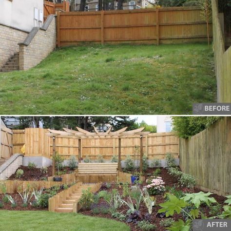 Sloping Family Garden - Outerspace Garden On Incline, Garden Slope Design, Small Garden Area Ideas, Slope Garden, Sloping Garden, Slope Landscaping, Hill Garden, Bush Garden, Narrow Garden