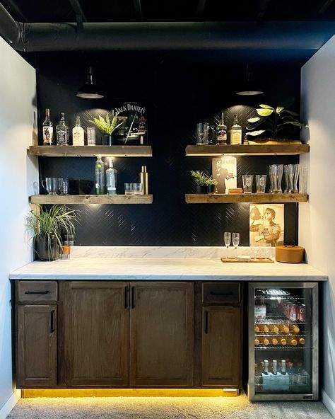 Floating Basement Bar, Over Bar Shelving, Basement Bar Liquor Display, Small Bar With Floating Shelves, Floating Shelves Basement Bar, Wet Bar Floating Shelves Ideas, Basement Bar On Wall, Diy Bar Ledge On Wall, Wet Bar With Floating Shelves Basement