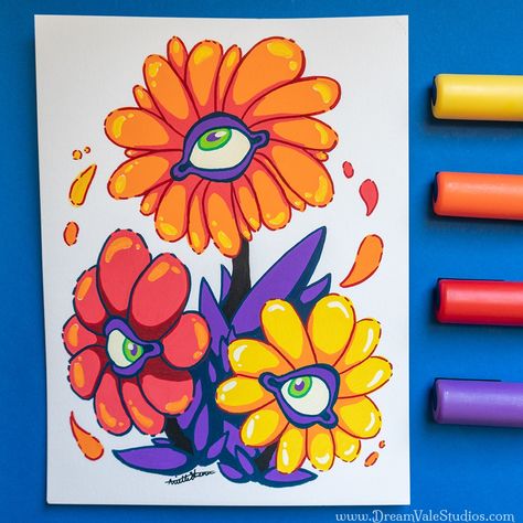 Flowers With Posca Pens, Flower Posca Art, Pasco Marker Art, Posca Pens Flowers, Colorful Marker Drawing, Pasco Pen Art, Color Pencil And Marker Art, Posca Color Palette, Easy Posca Pen Art