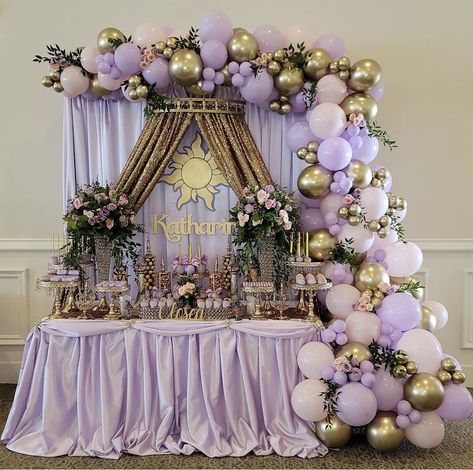 Purple Pink Gold Birthday Party Ideas, Purple And Yellow Quinceanera, Rapunzel Candy Table, Tangled Debut Theme Ideas, Tangled Rapunzel Party Decor, Tangles Theme Quince, Rapunzel Inspired Quinceanera, Debut Tangled Theme, Quince Theme Ideas Purple