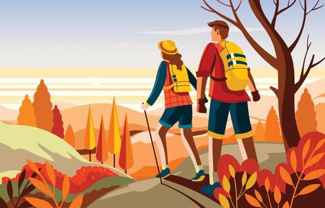 Couple Hiking in the mountain on Fall Season Hiking Illustration, Campaign Illustration, Fall Posters, Backgrounds Illustration, Hiking Couple, West Coast Trail, Hiking Spots, Fall Hiking, Couple Illustration