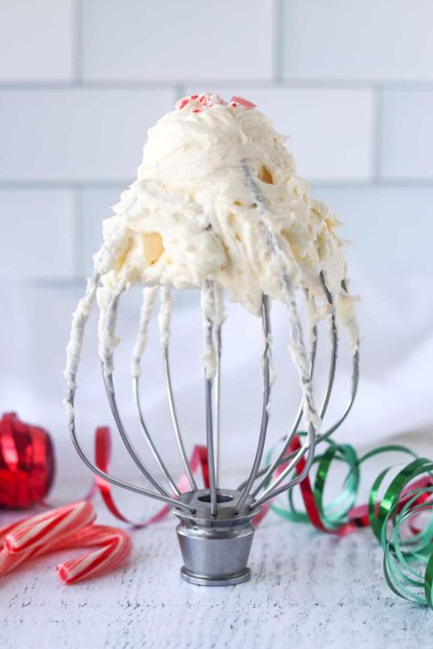 This Peppermint Buttercream Frosting is creamy and fluffy with a zing of minty flavor! Dotted with candy cane pieces, peppermint icing adds instant holiday flair to all your favorite frosted desserts. Easy Icing Recipe, Peppermint Buttercream, Easy Icing, Easy Buttercream Frosting, Peppermint Recipes, Homemade Buttercream Frosting, Peppermint Candy Cane, Buttercream Frosting Recipe, White Frosting