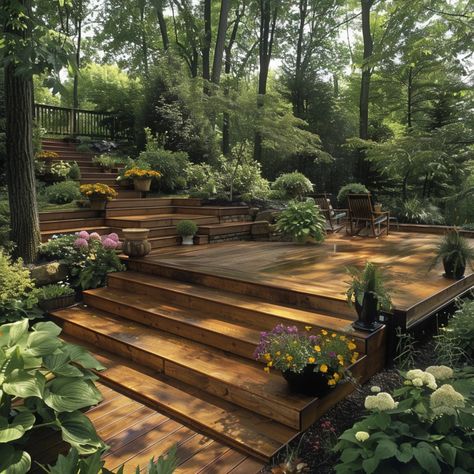 Stylish Decking Ideas to Transform Your Garden Backyard Multi Level Deck Ideas, Deck On A Hill Sloped Yard, Tiered Yard, Hillside Backyard, Patio Courtyard Ideas, Greenhouse Addition, Hillside Deck, Backyard Updates, Outdoor Upgrades